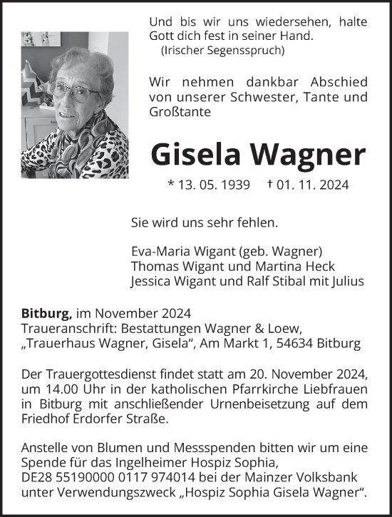 Traueranzeige von Gisela Wagner von trierischer_volksfreund