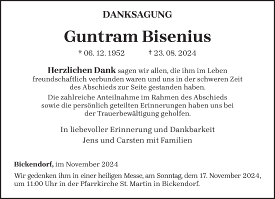 Traueranzeige von Guntram Bisenius von trierischer_volksfreund