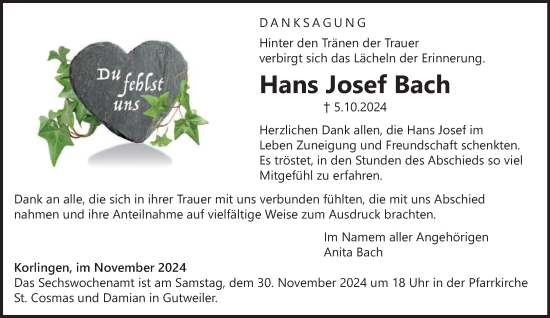 Traueranzeige von Hans Josef Bach von trierischer_volksfreund