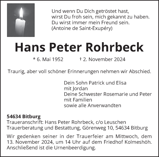 Traueranzeige von Hans Peter Rohrbeck von trierischer_volksfreund