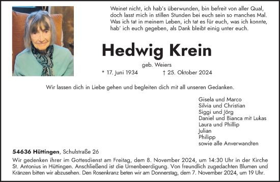 Traueranzeige von Hedwig Krein von trierischer_volksfreund