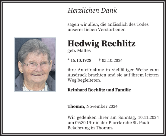 Traueranzeige von Hedwig Rechlitz von trierischer_volksfreund