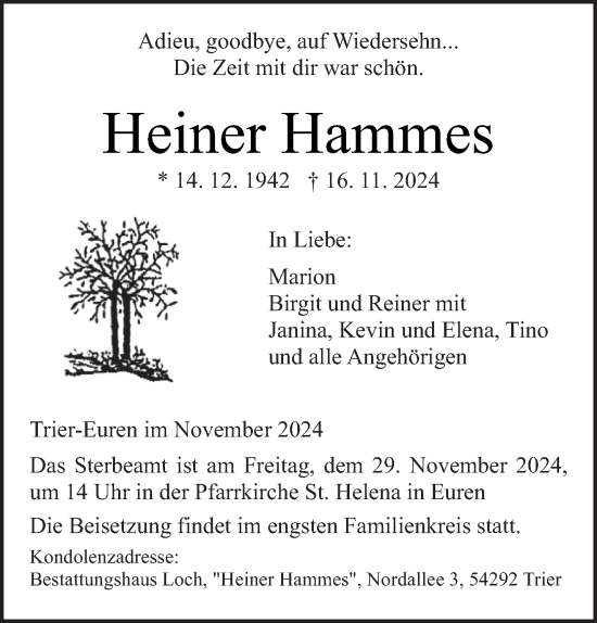 Traueranzeige von Heiner Hammes von trierischer_volksfreund