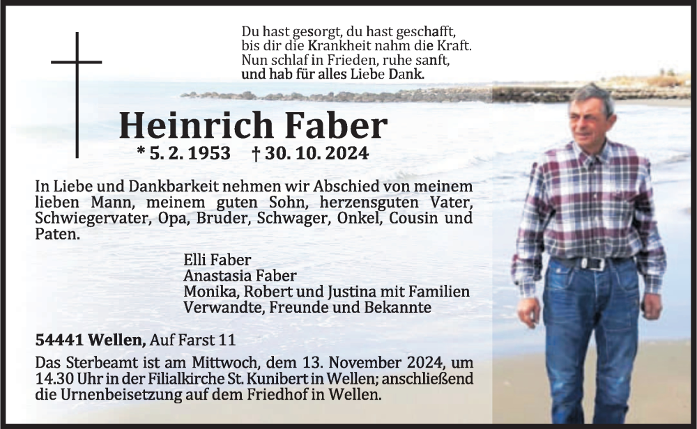  Traueranzeige für Heinrich Faber vom 09.11.2024 aus trierischer_volksfreund