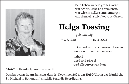 Traueranzeige von Helga Tossing von trierischer_volksfreund