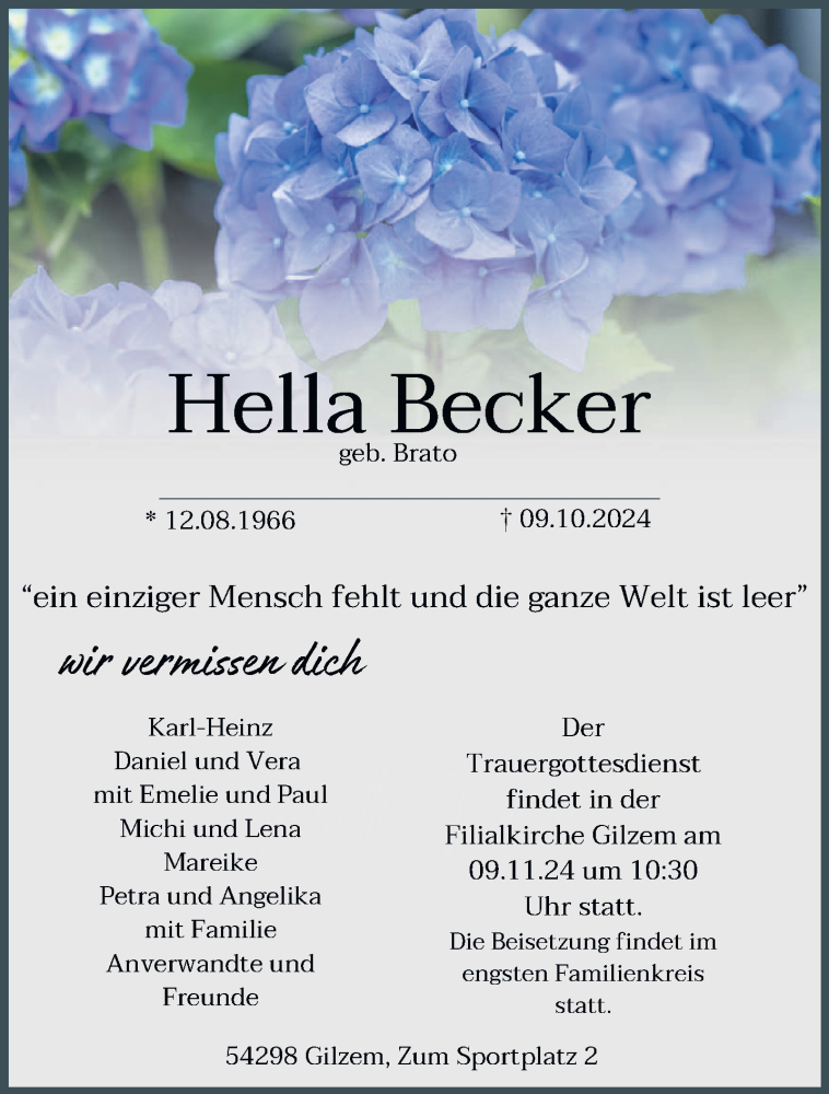  Traueranzeige für Hella Becker vom 06.11.2024 aus trierischer_volksfreund