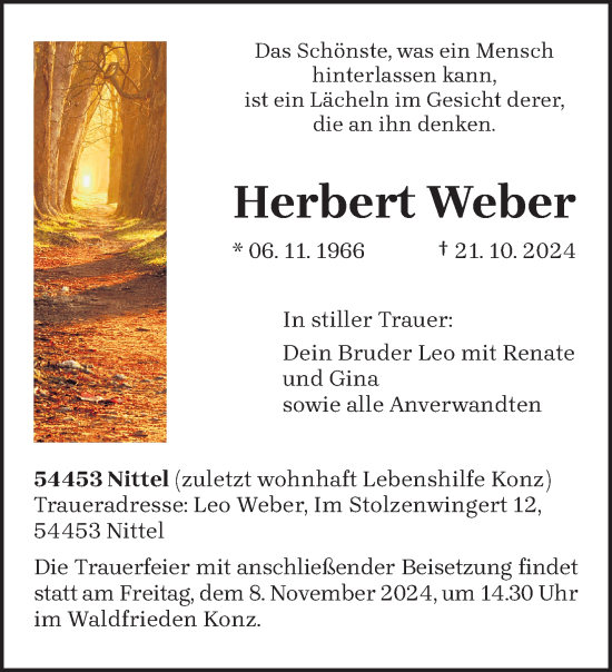 Traueranzeige von Herbert Weber von trierischer_volksfreund