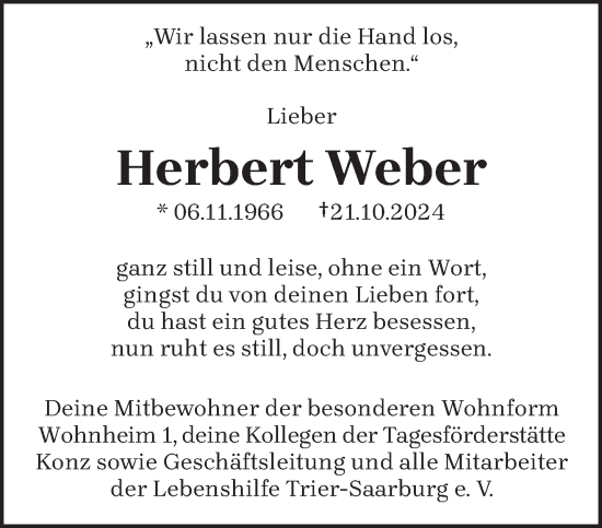 Traueranzeige von Herbert Weber von trierischer_volksfreund