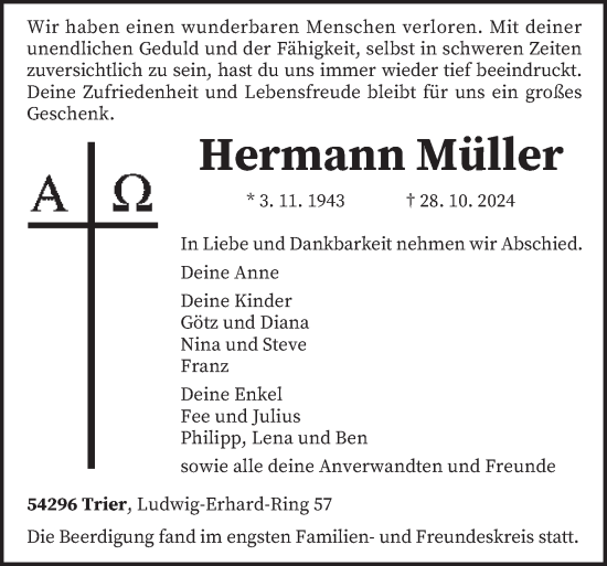 Traueranzeige von Hermann Müller von trierischer_volksfreund