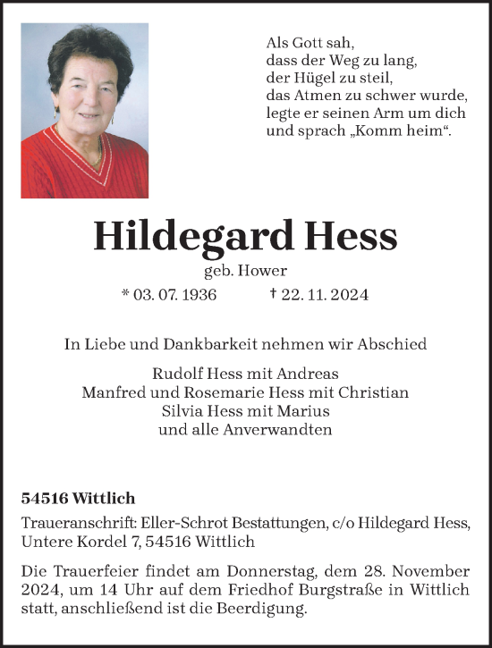 Traueranzeige von Hildegard Hess von trierischer_volksfreund