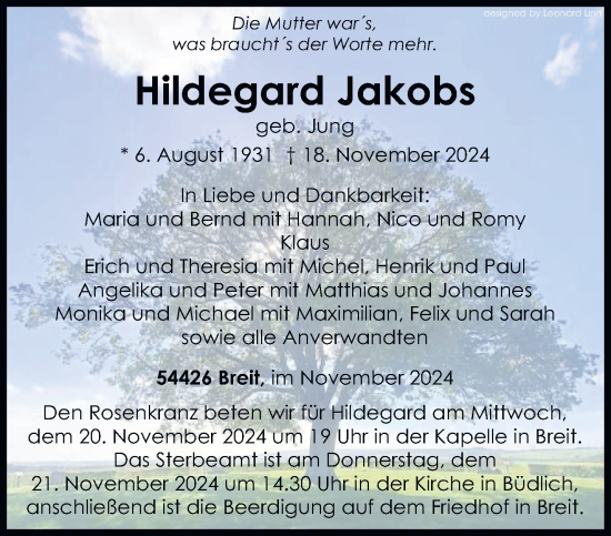 Traueranzeige von Hildegard Jakobs von trierischer_volksfreund