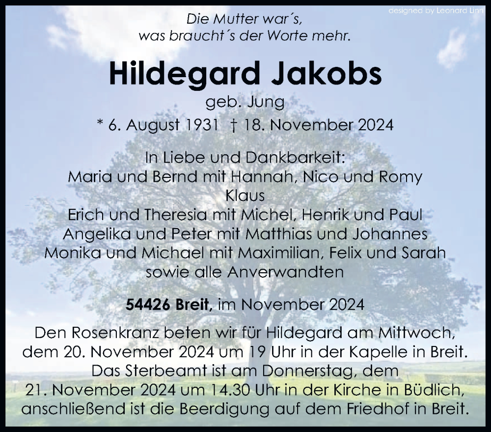  Traueranzeige für Hildegard Jakobs vom 20.11.2024 aus trierischer_volksfreund