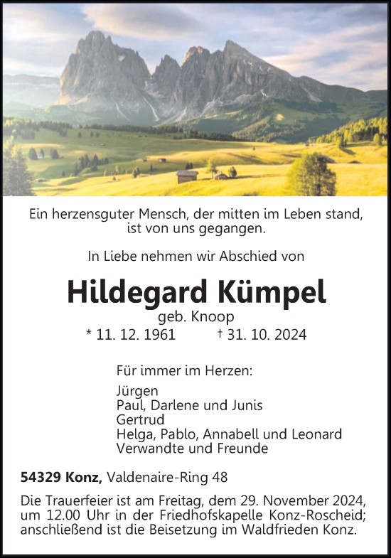 Traueranzeige von Hildegard Kümpel von trierischer_volksfreund