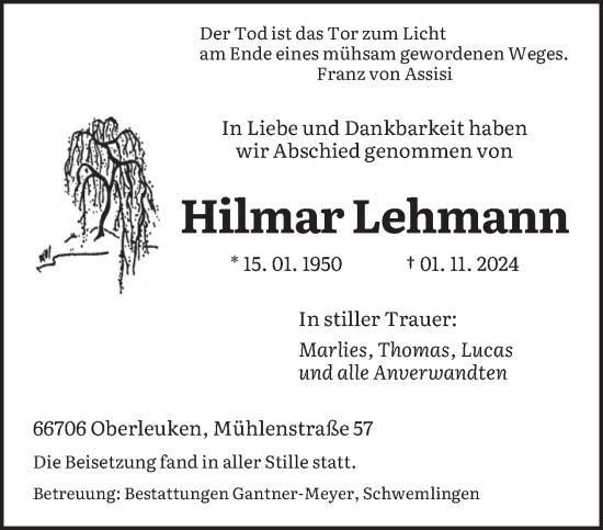 Traueranzeige von Hilmar Lehmann von trierischer_volksfreund