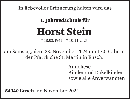 Traueranzeige von Horst Stein von trierischer_volksfreund