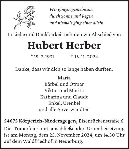 Traueranzeige von Hubert Herber von trierischer_volksfreund