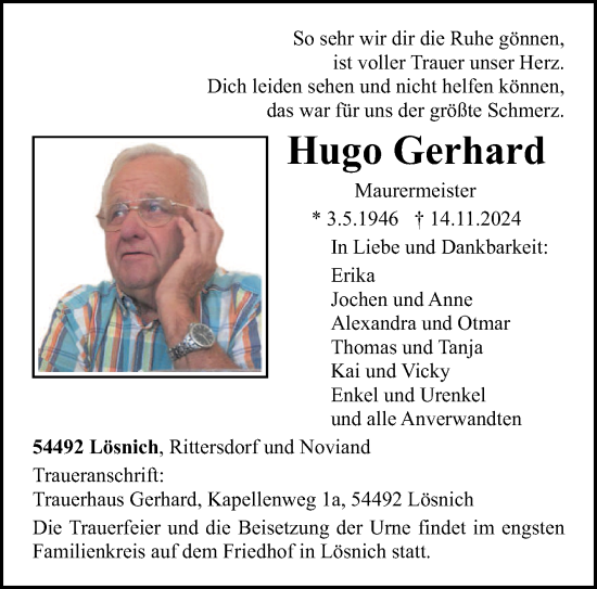 Traueranzeige von Hugo Gerhard von trierischer_volksfreund