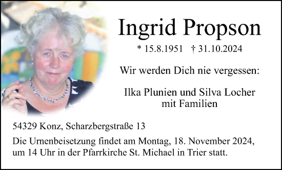 Traueranzeige von Ingrid Propson von trierischer_volksfreund