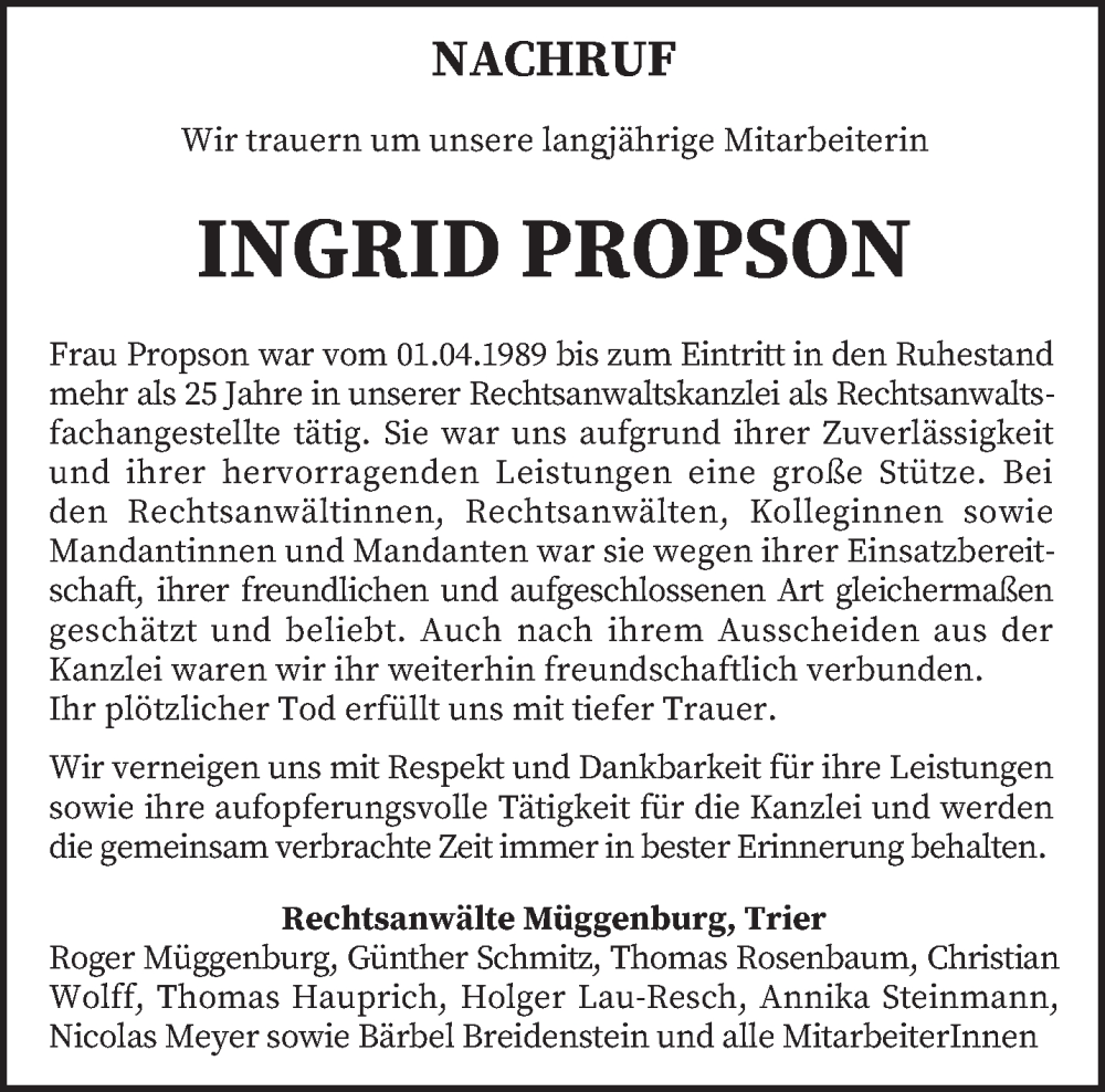  Traueranzeige für Ingrid Propson vom 13.11.2024 aus trierischer_volksfreund