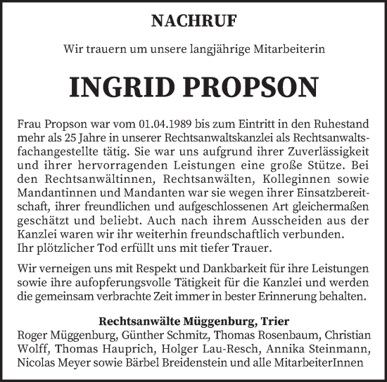 Traueranzeige von Ingrid Propson von trierischer_volksfreund