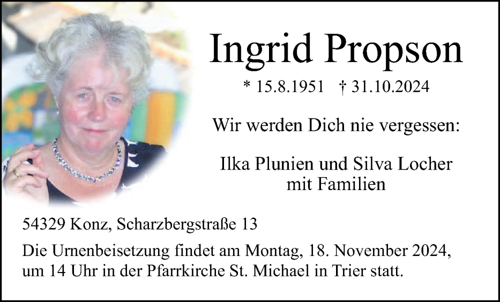  Traueranzeige für Ingrid Propson vom 13.11.2024 aus trierischer_volksfreund