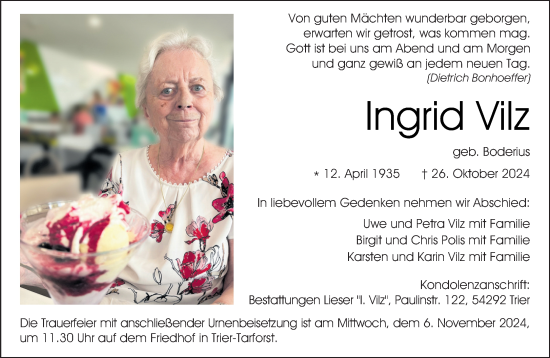 Traueranzeige von Ingrid Vilz von trierischer_volksfreund