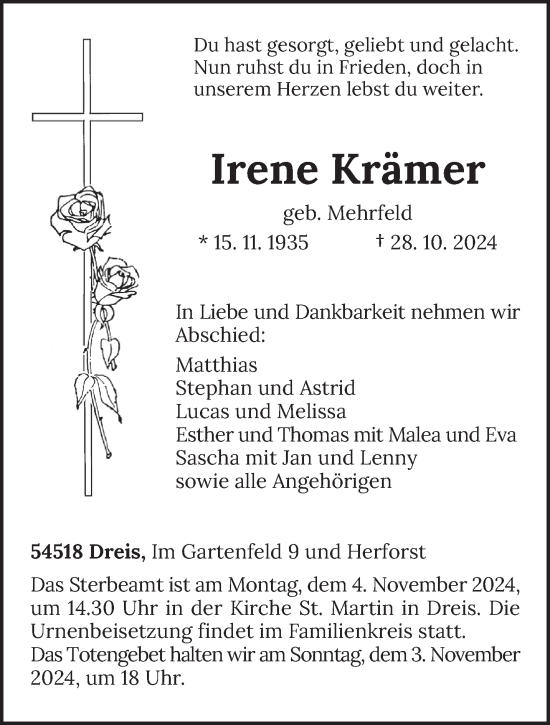 Traueranzeige von Irene Krämer von trierischer_volksfreund