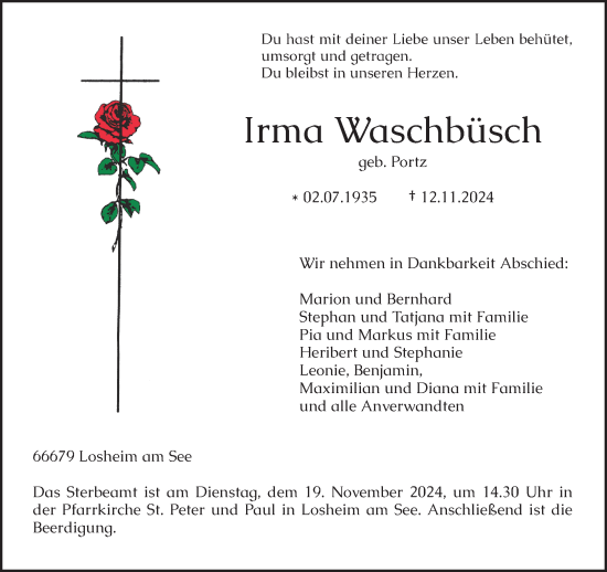 Traueranzeige von Irma Waschbüsch von trierischer_volksfreund