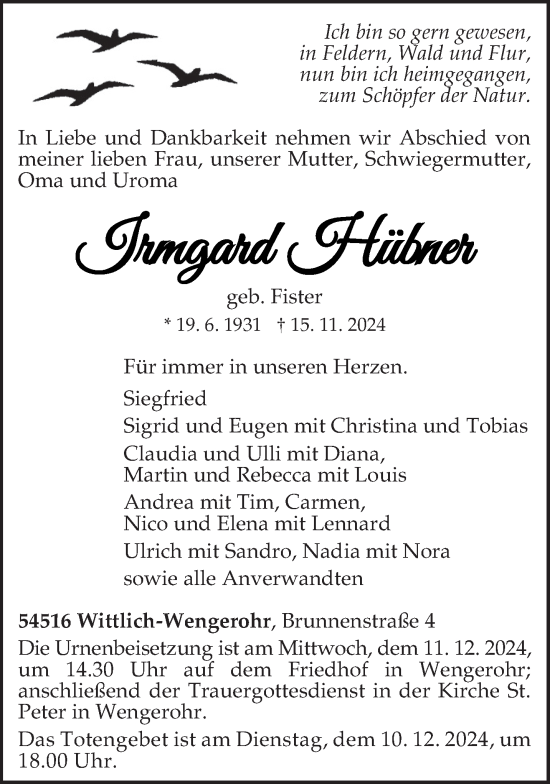 Traueranzeige von Irmgard Hübner von trierischer_volksfreund