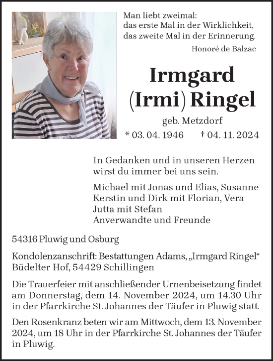 Traueranzeige von Irmgard Ringel von trierischer_volksfreund