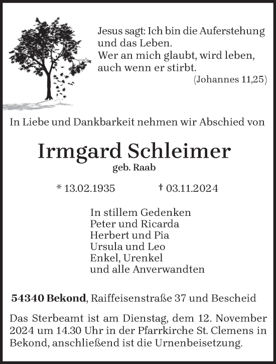 Traueranzeige von Irmgard Schleimer von trierischer_volksfreund