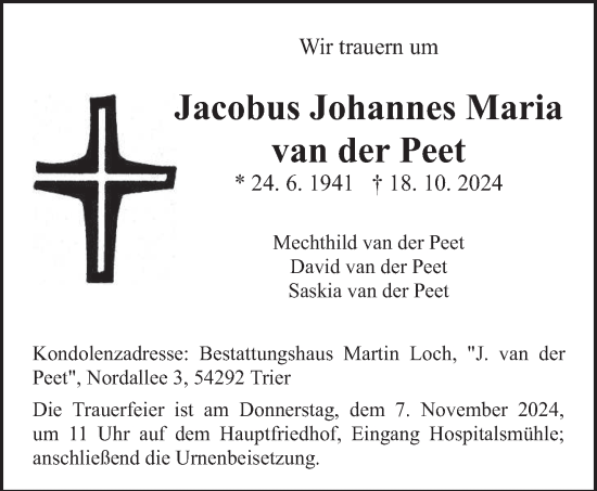 Traueranzeige von Jacobus Johannes Maria van der Peet von trierischer_volksfreund