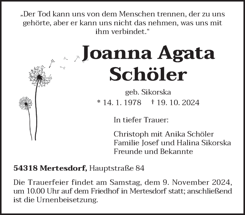  Traueranzeige für Joanna Agata Schöler vom 02.11.2024 aus trierischer_volksfreund