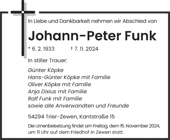 Traueranzeige von Johann-Peter Funk von trierischer_volksfreund