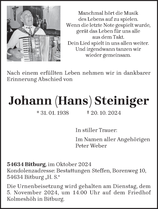 Traueranzeige von Johann Steiniger von trierischer_volksfreund