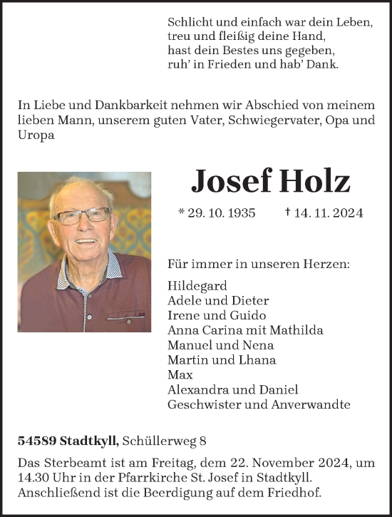 Traueranzeige von Josef Holz von trierischer_volksfreund