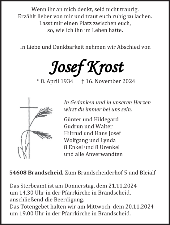 Traueranzeige von Josef Krost von trierischer_volksfreund