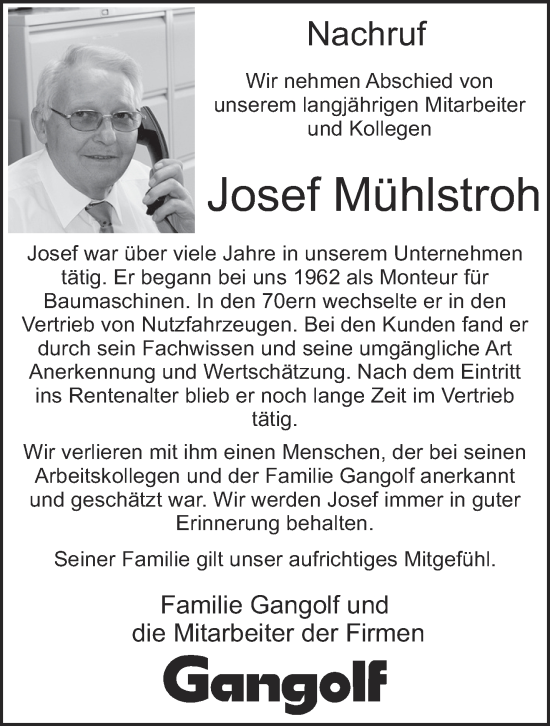 Traueranzeige von Josef Mühlstroh von trierischer_volksfreund