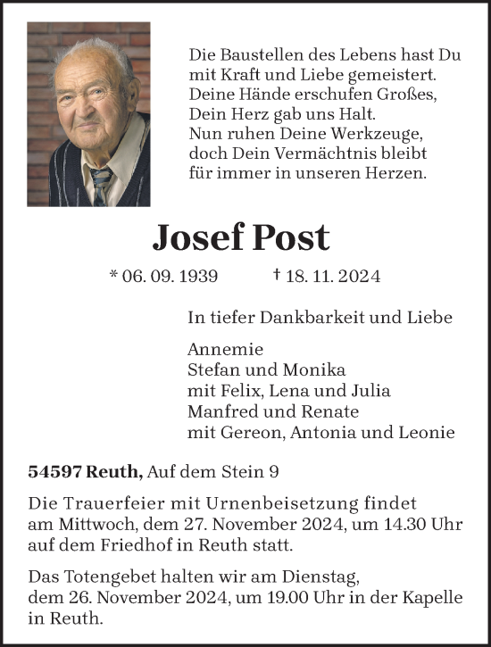 Traueranzeige von Josef Post von trierischer_volksfreund