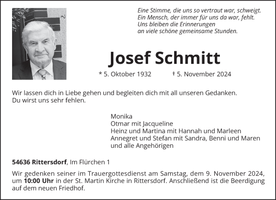 Traueranzeige von Josef Schmitt von trierischer_volksfreund