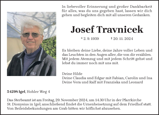 Traueranzeige von Josef Travnicek von trierischer_volksfreund