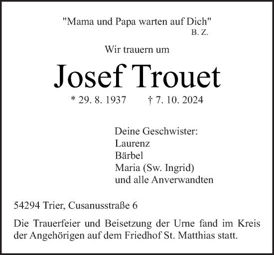 Traueranzeige von Josef Trouet von trierischer_volksfreund