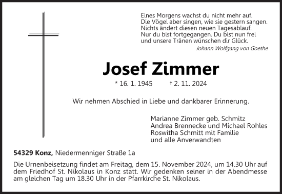 Traueranzeige von Josef Zimmer von trierischer_volksfreund