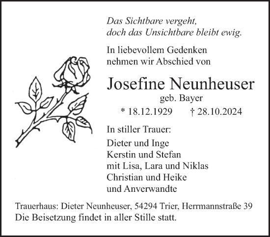 Traueranzeige von Josefine Neunheuser von trierischer_volksfreund