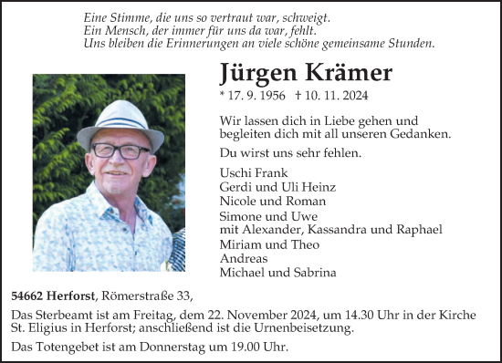 Traueranzeige von Jürgen Krämer von trierischer_volksfreund