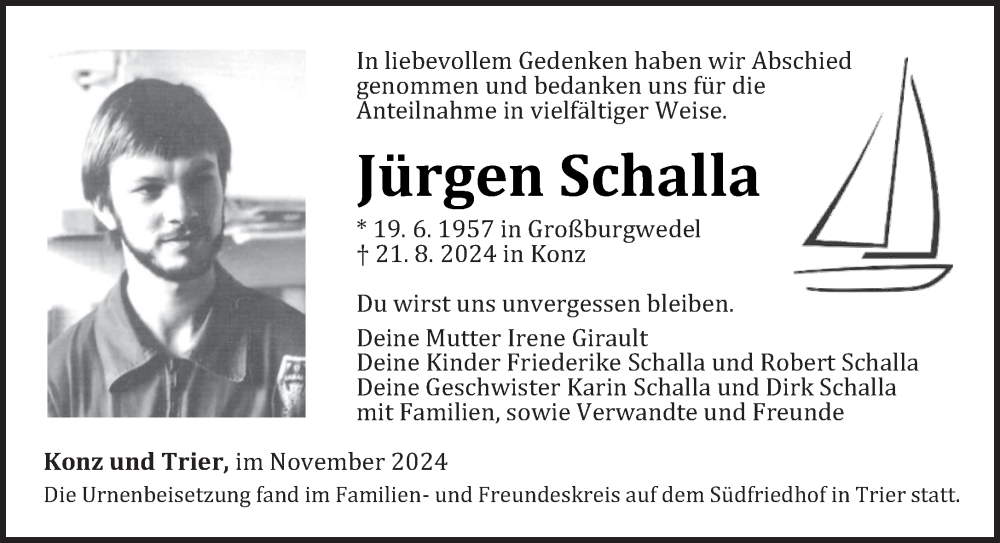  Traueranzeige für Jürgen Schalla vom 02.11.2024 aus trierischer_volksfreund