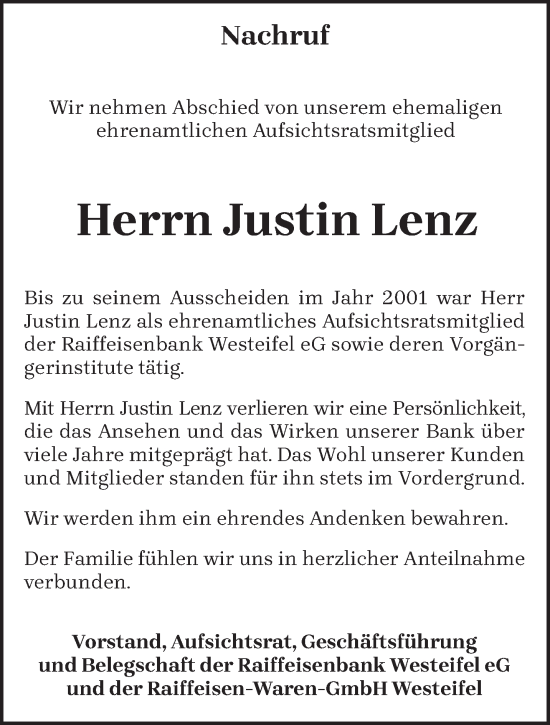 Traueranzeige von Justin Lenz von trierischer_volksfreund