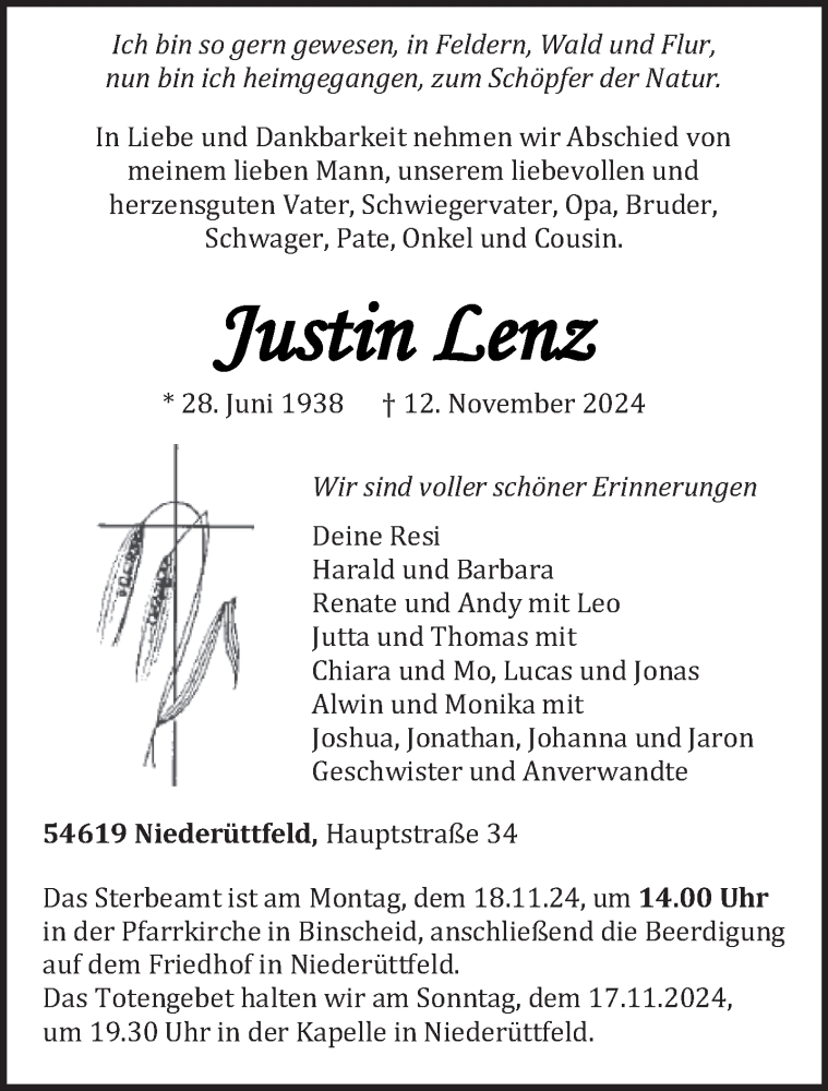  Traueranzeige für Justin Lenz vom 14.11.2024 aus trierischer_volksfreund