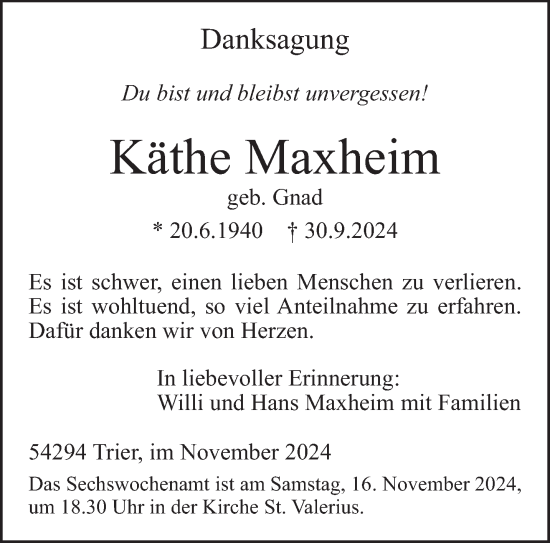 Traueranzeige von Käthe Maxheim von trierischer_volksfreund