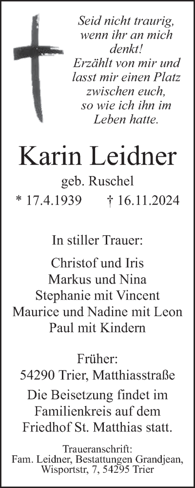 Traueranzeige von Karin Leidner von trierischer_volksfreund